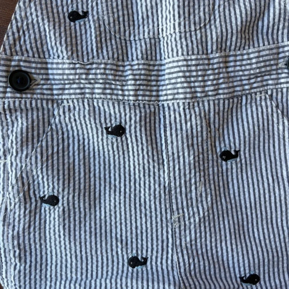 Gymboree Baby Seersucker Whale Embroidered Shortall Overalls Blue White 3-6M